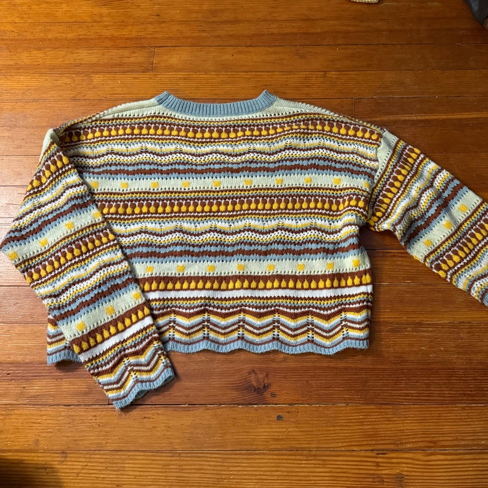 SHEIN Blue and Yellow Crew Neck Sweater with Nordic Charm